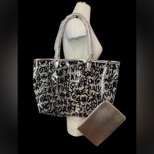 Victoria's Secret clear graffiti print tote w/matching metallic gold pouch NWOT